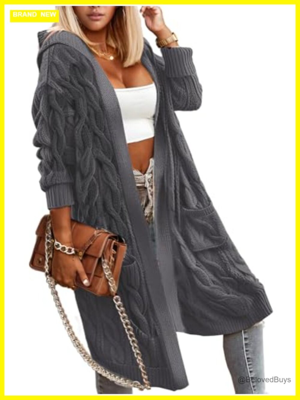 Oversized Cable Knit Hooded Open Front Cardigan with Pockets
